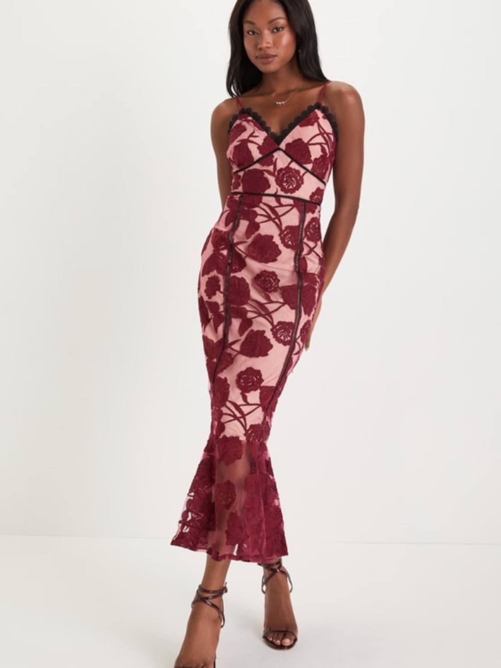 Lulus Alluring Dream Burgundy Floral Mesh Lace Trumpet Midi Dress Red - S
